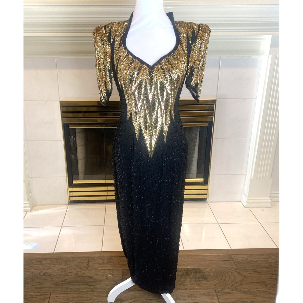 Elegant Black and Gold Sequin Prom Dress